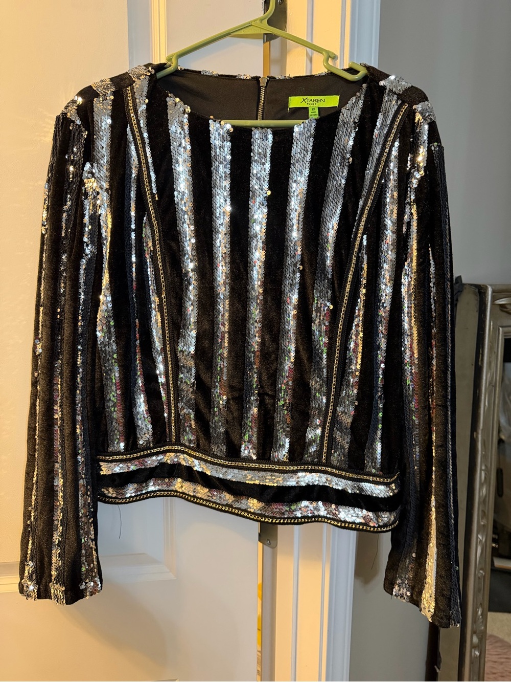 Xarlen Black & Silver Sequin and velvet Striped Top